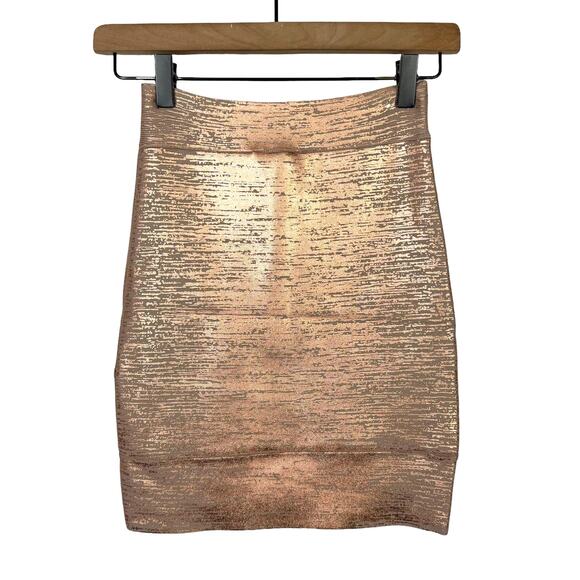 BCBGMaxazria | NWT Silvie Rose Gold Metallic Foil Body-con Bandage Mini Skirt - Picture 4 of 8